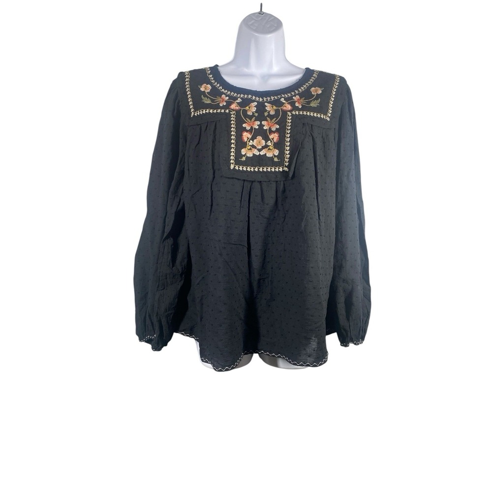 Max Studio Black Floral‎ Embroidered Peasant Eyelet Top Shirt Women's Size Large